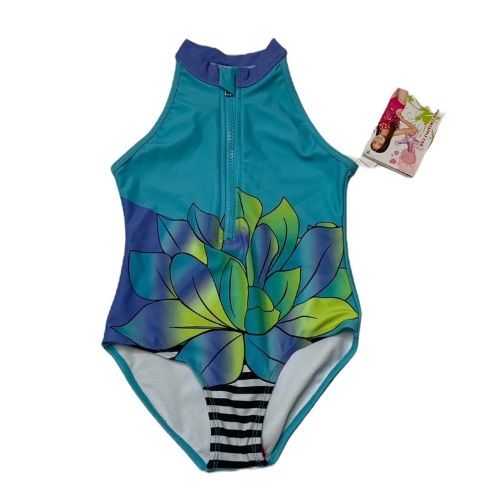 Limeapple Blue and Green One Piece Swimsuit with Tropical Floral Design